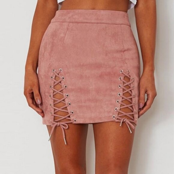Mini Skirt High-Waist Small Faux Suede Bodycon Sexy Lace-Up Criss Cross Split - Picture 3 of 14